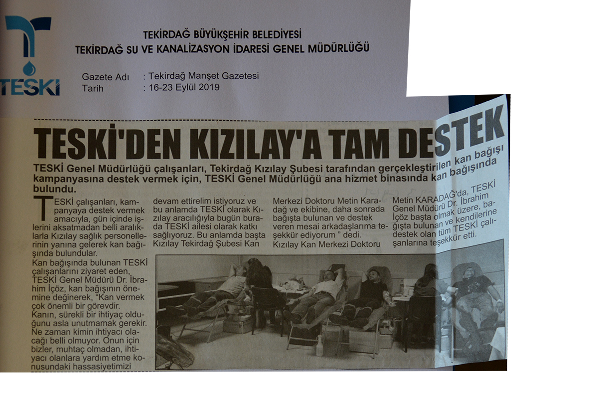 TESKİ'den Kızılay'a Tam Destek (Tekirdağ Manşet Gazetesi)